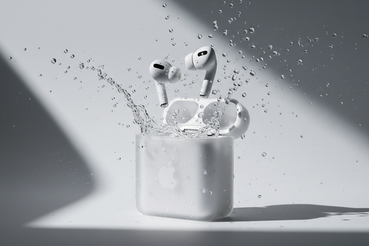 8K hyper-realistic product cinematic of AirPods Pro exploding upward from their retail box.  
Water droplets in slow motion fall around the scene, bouncing off the AirPods with stunning reflections.  
Light-grey premium studio background, volumetric lighting, dramatic shadows, ultra-sharp focus,  
macro details, luxury commercial advertising style, high-end Apple-grade aesthetic.
