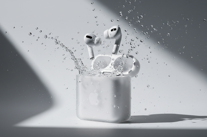 8K hyper-realistic product cinematic of AirPods Pro exploding upward from their retail box.  
Water droplets in slow motion fall around the scene, bouncing off the AirPods with stunning reflections.  
Light-grey premium studio background, volumetric lighting, dramatic shadows, ultra-sharp focus,  
macro details, luxury commercial advertising style, high-end Apple-grade aesthetic.
